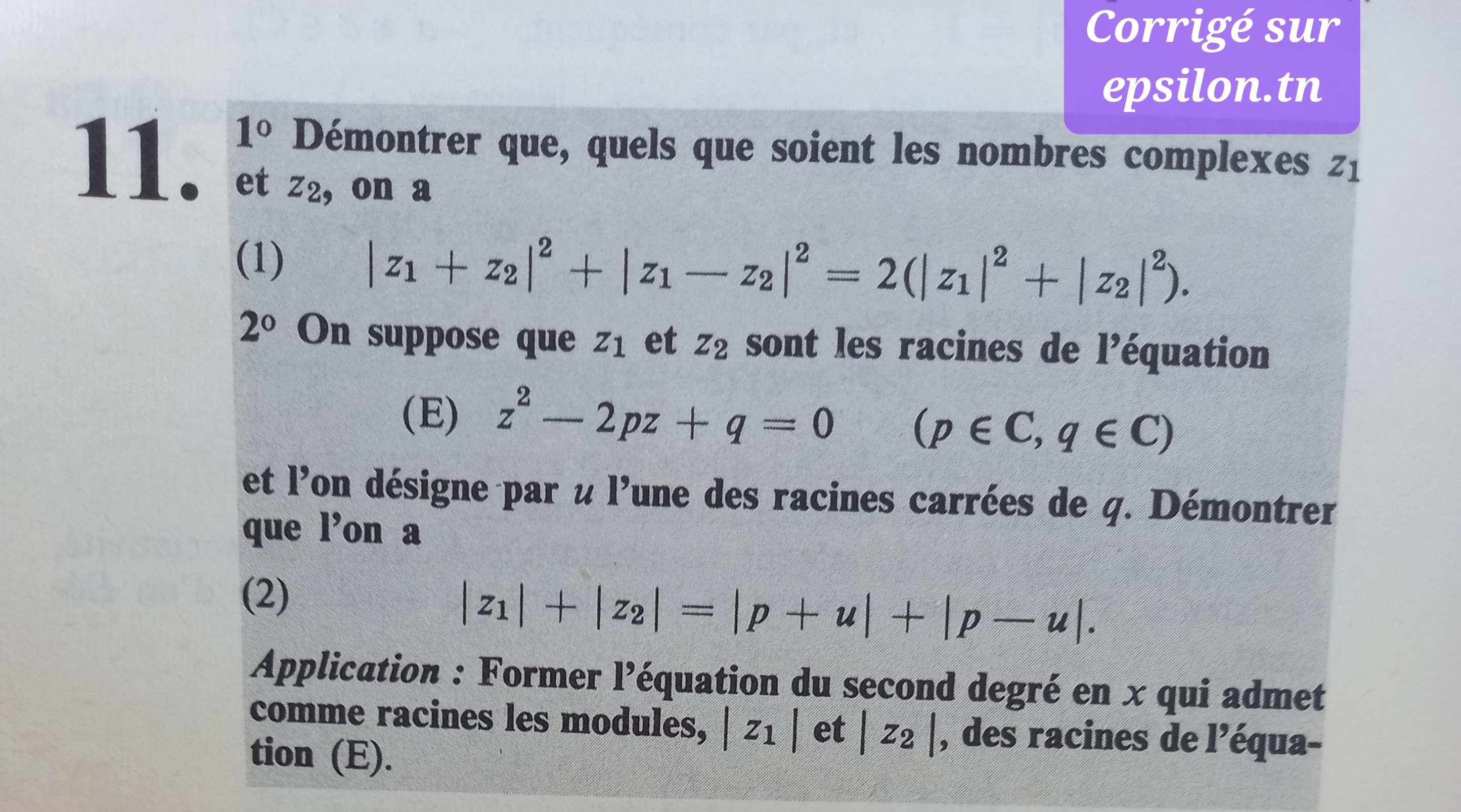 Exercice 11 sur les nombres complexes avec corrigé